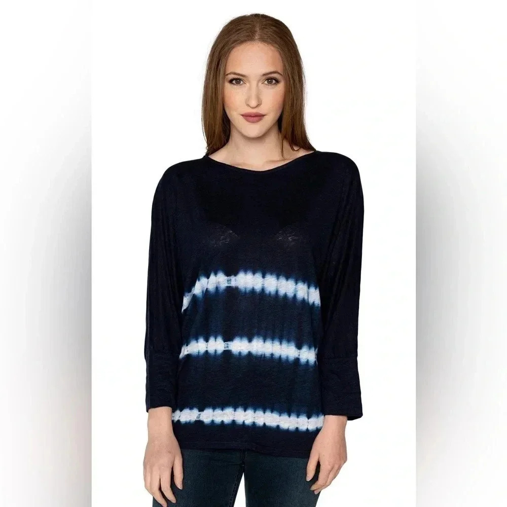 Velvet Amber 100% linen slub navy tie dye dolman long sleeve top Size S